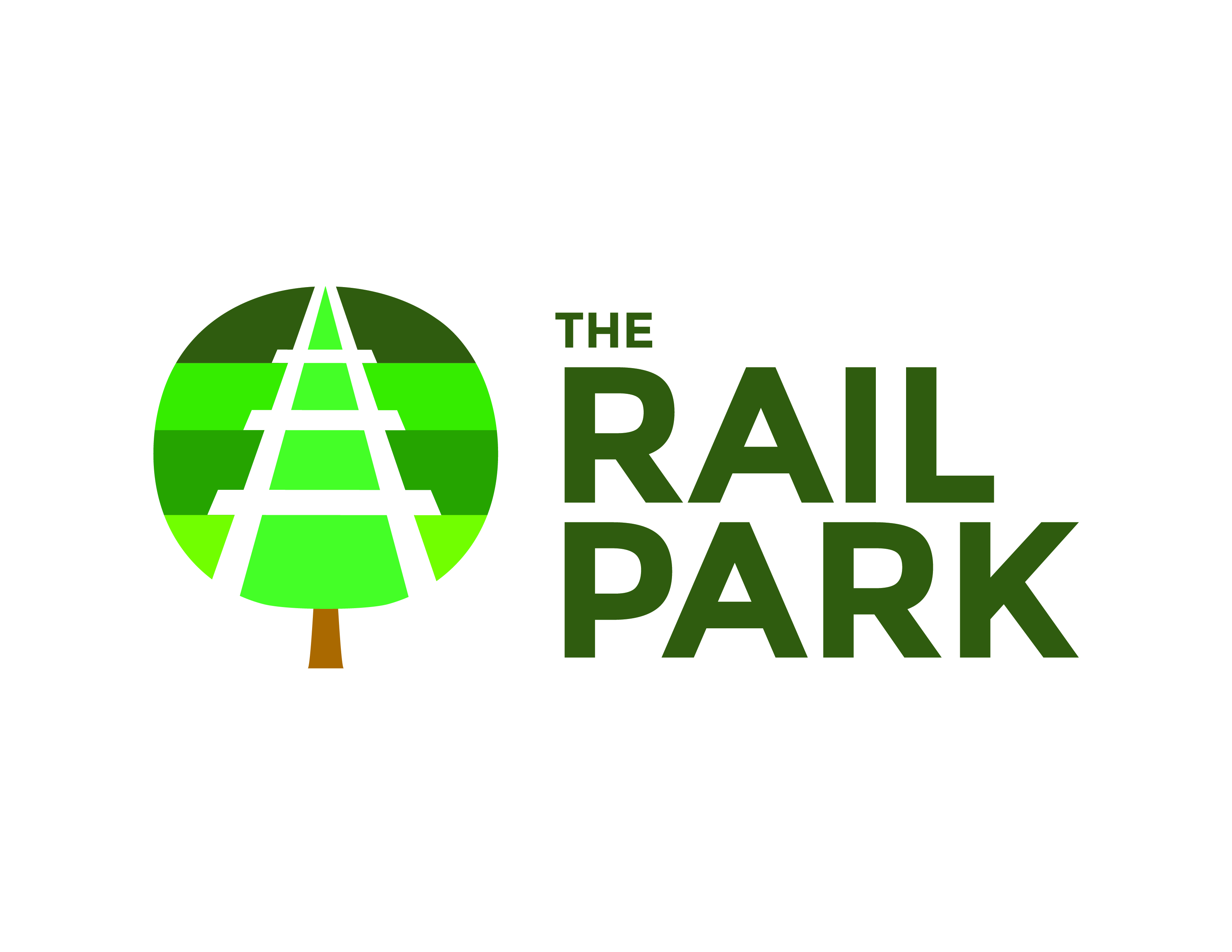 a green graphic that mixes the image of a tree and a railroad next to the text 
