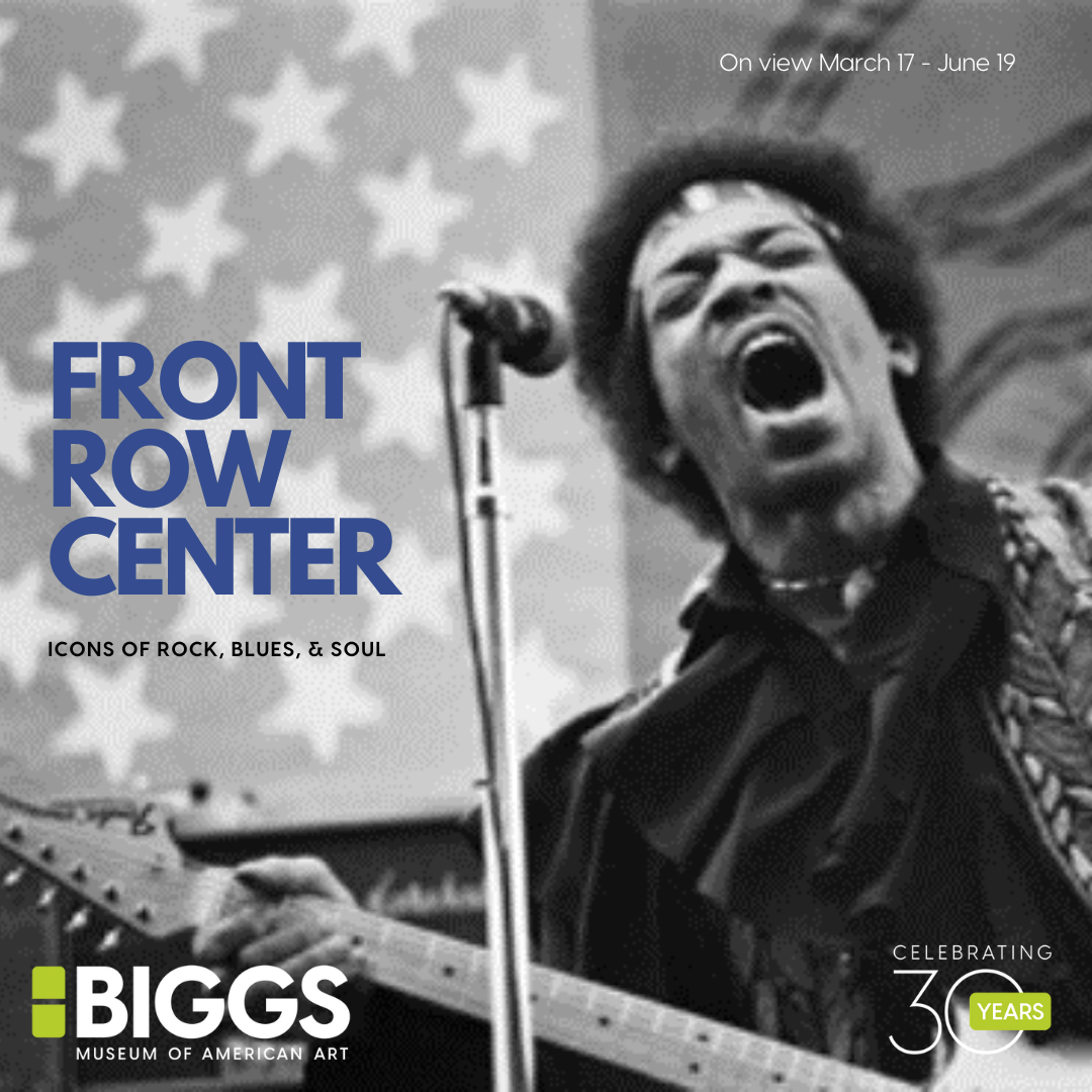 a promotional poster for an exhibition. the poster features Jimi Hendrix playing guitar in front of an american flag.